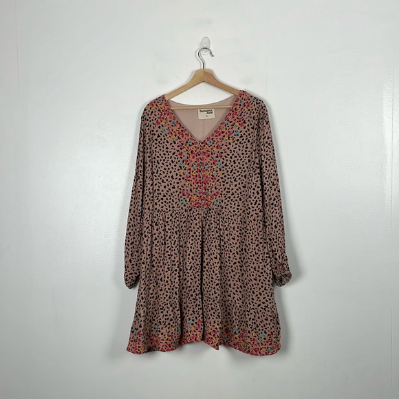 Savanna Jane Leopard Print Boho Embroidered Womens 1X Long Sleeve Pleasant Dress - Picture 1 of 9